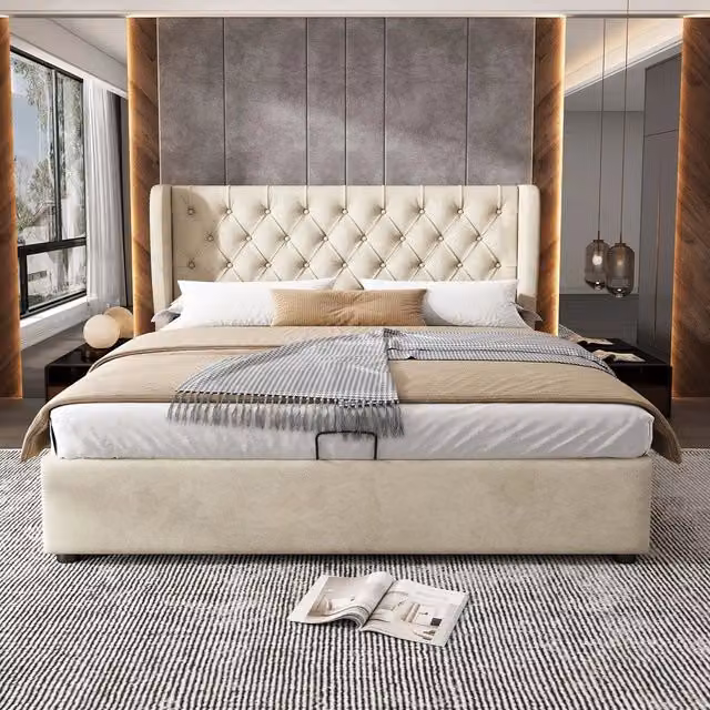 Letto imbottito contenitore matrimoniale ¨C Minimal ¨C Beige velluto 180x200cm con rete a doghe idraulico