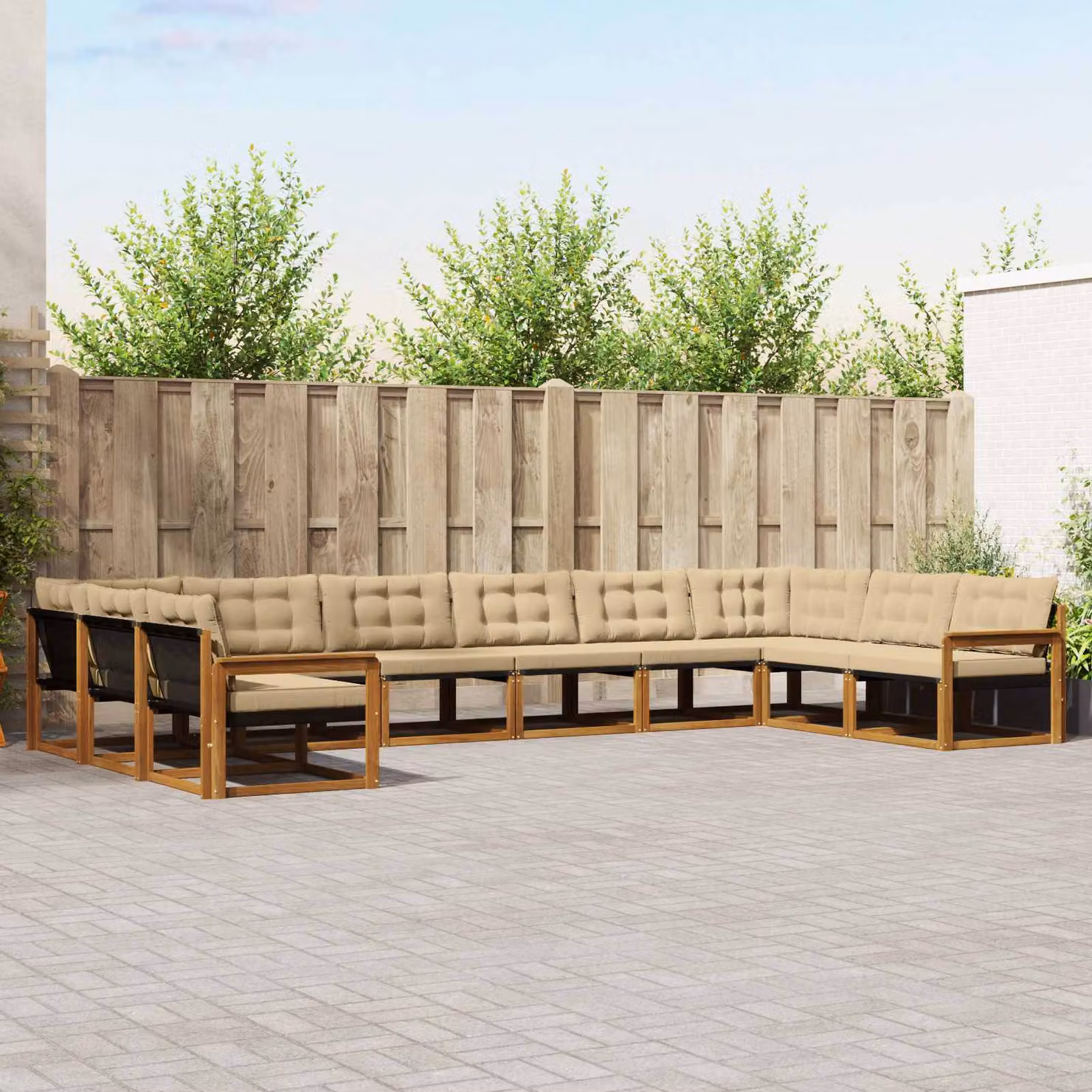 Set di divani da esterno vidaXL a forma di U composto da 10 pezzi in legno di acacia con cuscini beige e marroni e rivestimento in textilene