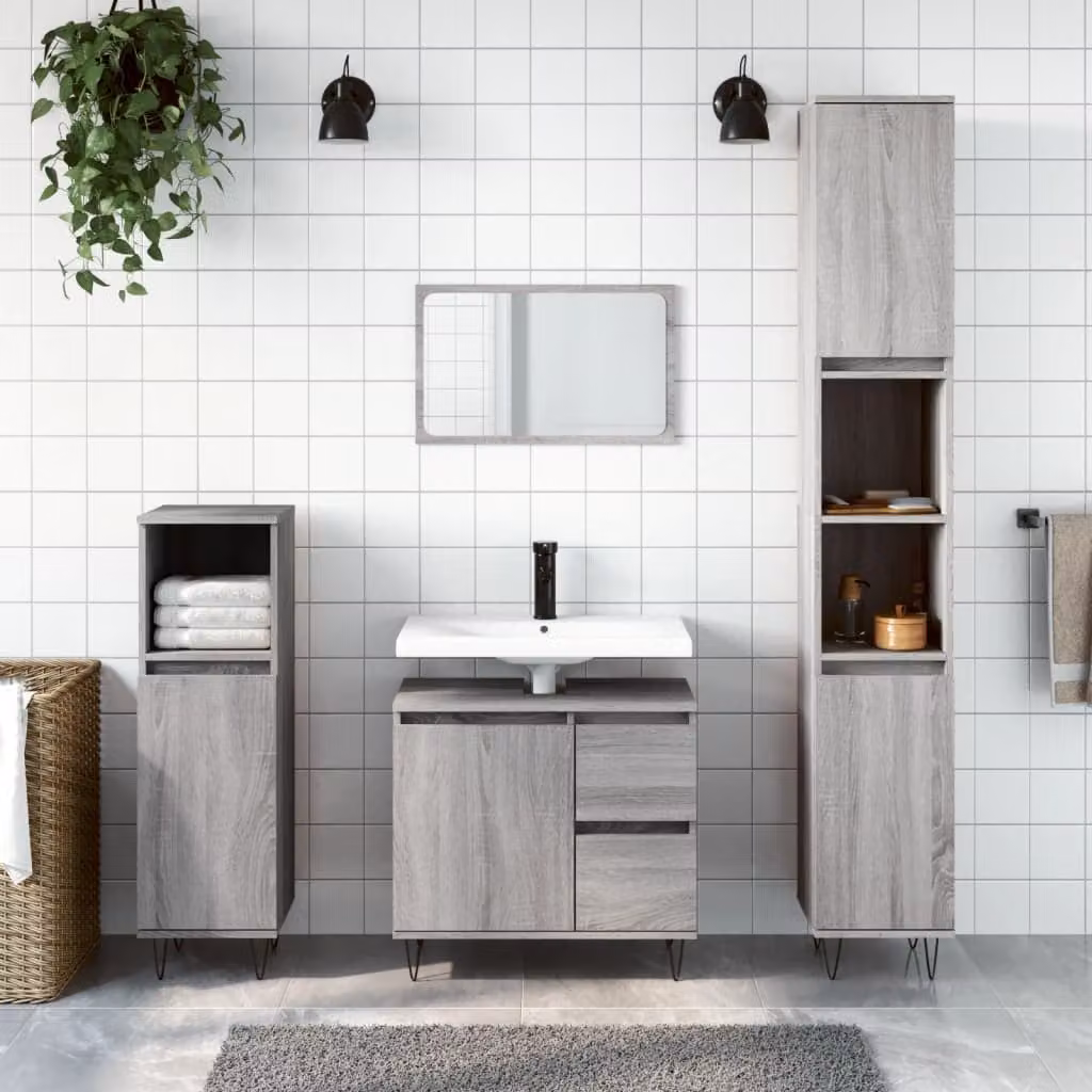 Set di mobili da bagno moderno vidaXL in 3 pezzi grigio, composto da colonna alta, mobile laterale e mobile lavabo in legno e metallo
