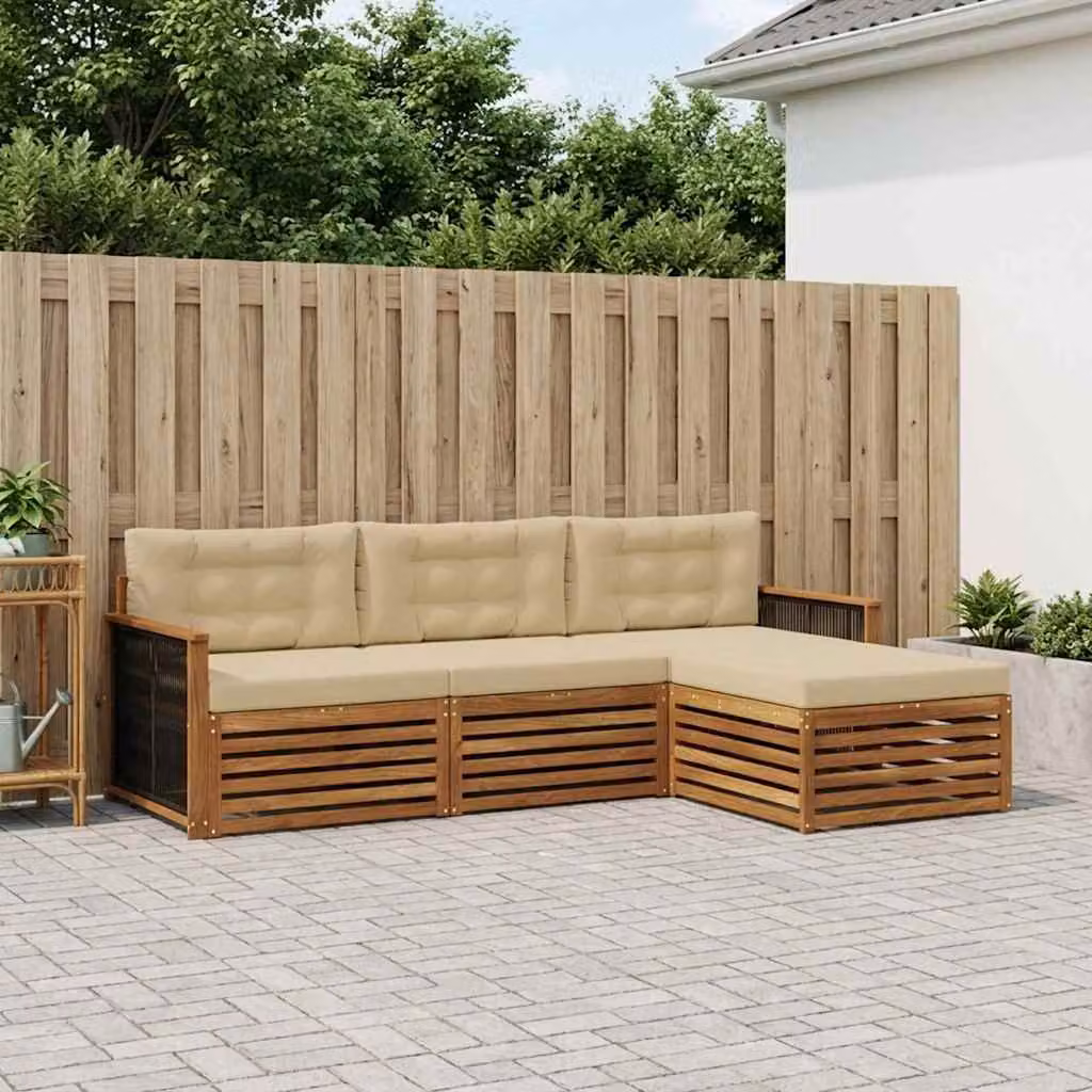 Set di divani da esterno vidaXL a forma di L in legno di acacia con pouf e cuscini, colore beige e sabbia