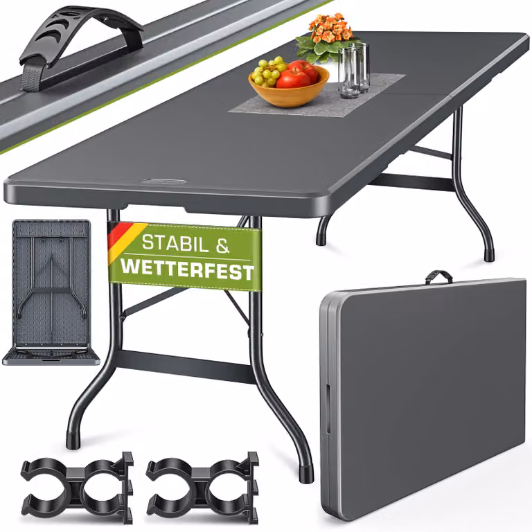 tillvex tavolo da giardino pieghevole antracite 180x75cm | tavolo da buffet in plastica con maniglia di trasporto | tavolo pieghevole per giardino, terrazza e balcone | tavolo da campeggio 6 persone