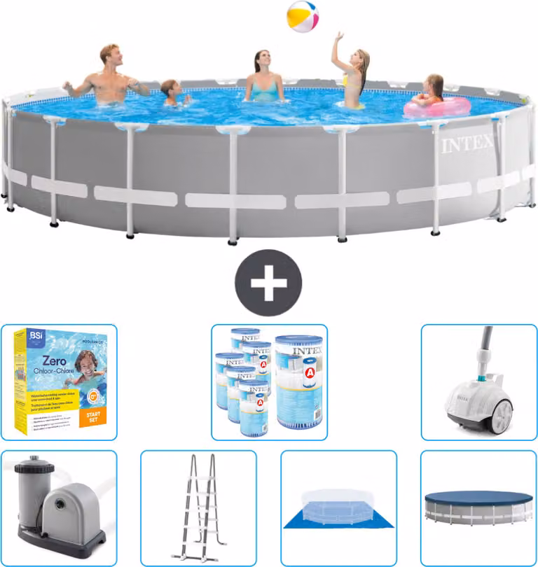 Piscina Intex Round Prism Frame - 610 x 132 cm - Grigio - inclusa pompa - scala - telo di fondo - pacchetto di manutenzione della copertura - filtro - aspirapolvere
