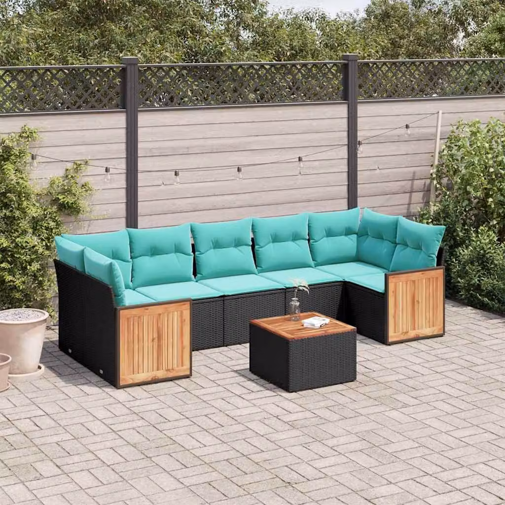Set da giardino vidaXL in polyrattan nero composto da 8 pezzi con cuscini imbottiti e tavolino da caffè