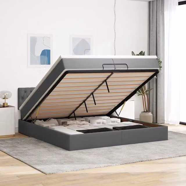 Struttura Letto con Contenitore a Alzata e Materasso vidaXL in Tessuto Grigio e Bianco L/P/H: 200 x 200 x 28 cm