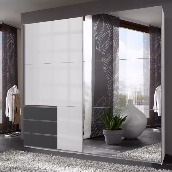 Armadio LEVEL 36 D F79486, bianco e grigio, 250x65x216 cm, con specchio sulle ante