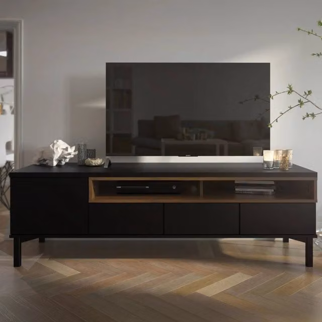 Mobile porta TV Rosata, Credenza da soggiorno, Armadio basso per TV, Base parete attrezzata, 156x48 h48 cm, Nero e Noce