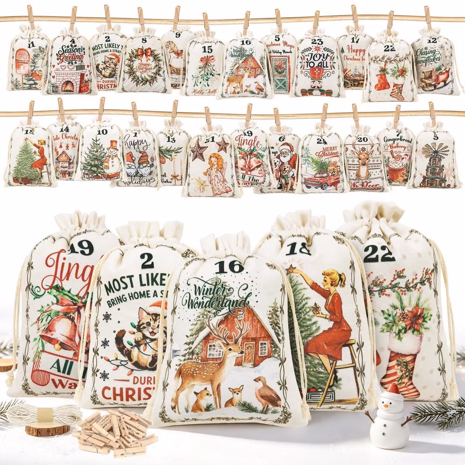Calendario dell'Avvento da riempire, con 24 sacchetti beige, dimensioni 15x20 cm, inclusi fermagli di legno e spago
