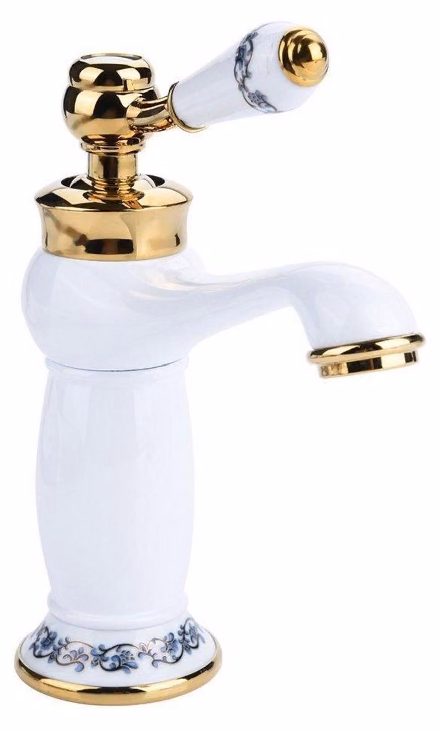 Miscelatore per lavabo in ottone, finitura anticata, blu/bianco, porcellana, collo lungo, rubinetto solo per acqua fredda