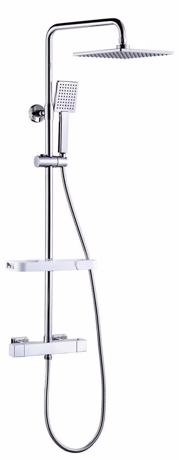 Sistema doccia con termostato e ripiano, cromato, altezza regolabile da 84 a 121 cm, in acciaio inossidabile