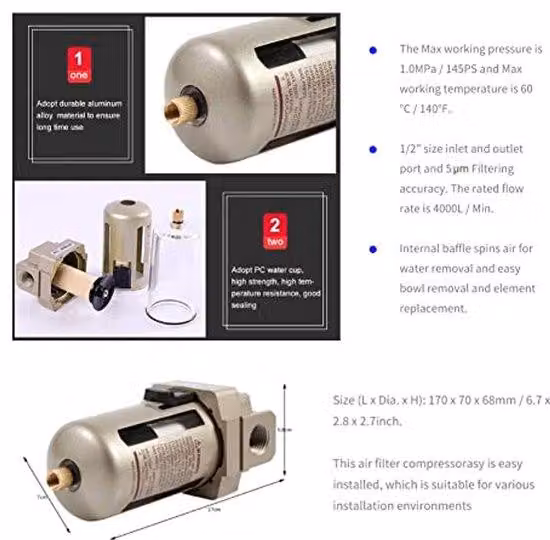 1 pollice, separatore di acqua per aria compressa, filtro dell'aria, compressore, filtro per aria compressa, filtro per acqua, separatore, regolatore di pressione, compressore