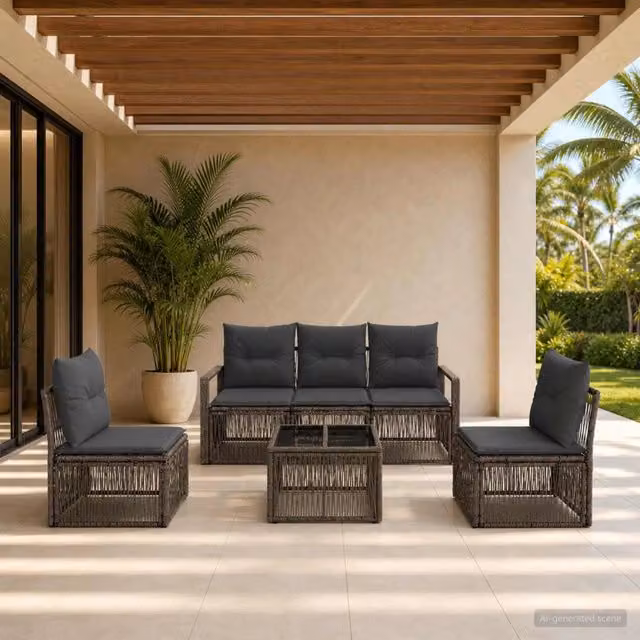 Set da giardino vidaXL composto da 6 pezzi in rattan e metallo con divano a 3 posti, tavolino da caffè e cuscini imbottiti, colore grigio