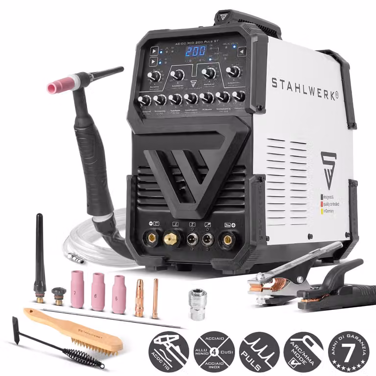 Saldatrice ad arco schermato STAHLWERK AC/DC TIG 200 Pulse ST - Inverter IGBT con modalità AC, MMA fino a 200 A, funzione ad impulsi, modalità 2T e 4T, per alluminio e lamiere sottili