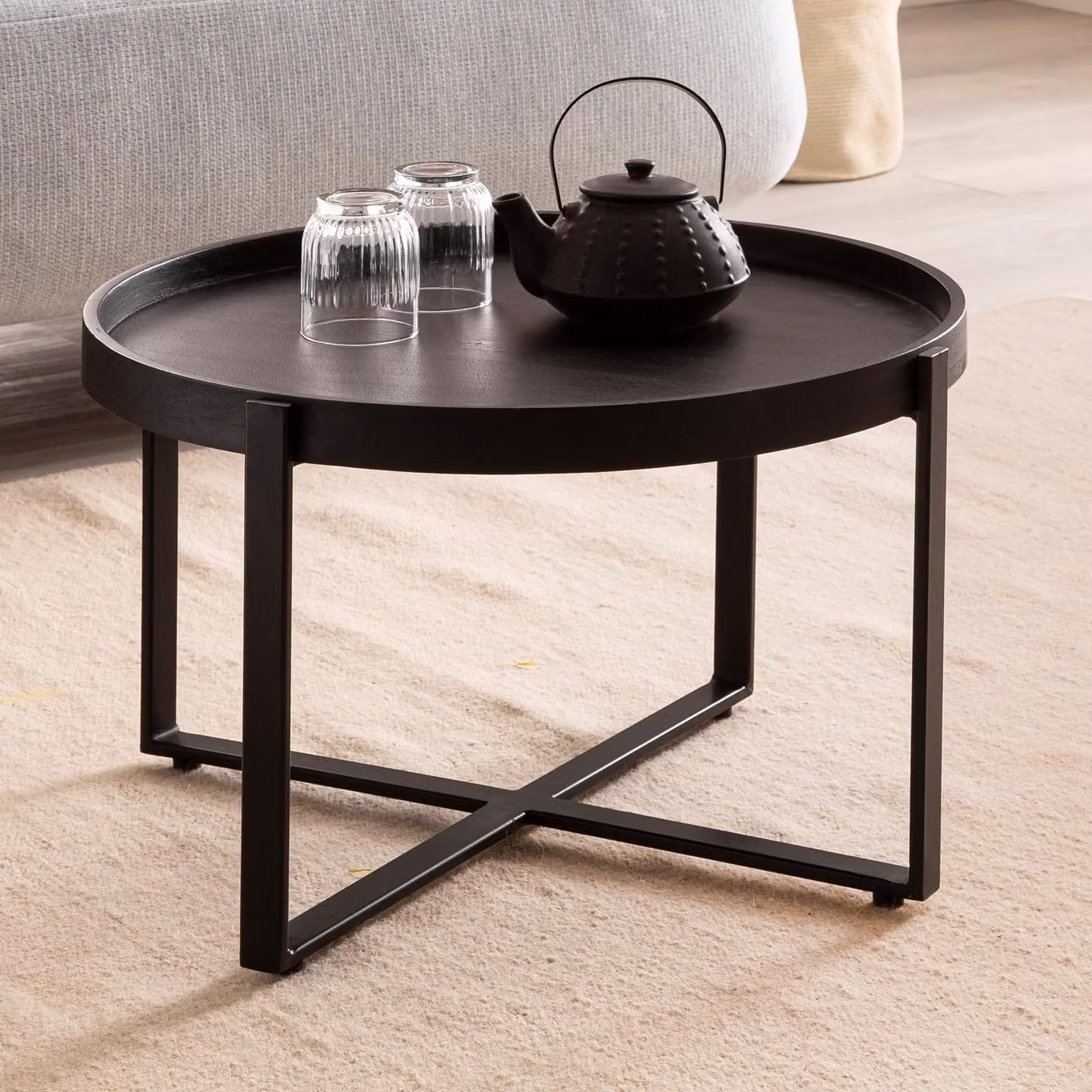FineBuy Tavolino in legno massiccio di mango rotondo Ø 60 cm nero - Tavolo da soggiorno con struttura in metallo - Tavolo da divano fatto a mano dal design industriale Japandi