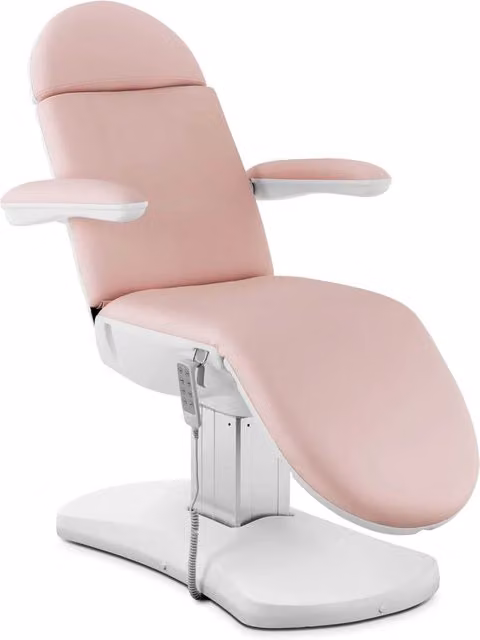Poltrona Physa in ecopelle rosa e bianca con poggiatesta regolabile e reclinazione motorizzata per home office e uso professionale, portata massima 150 kg