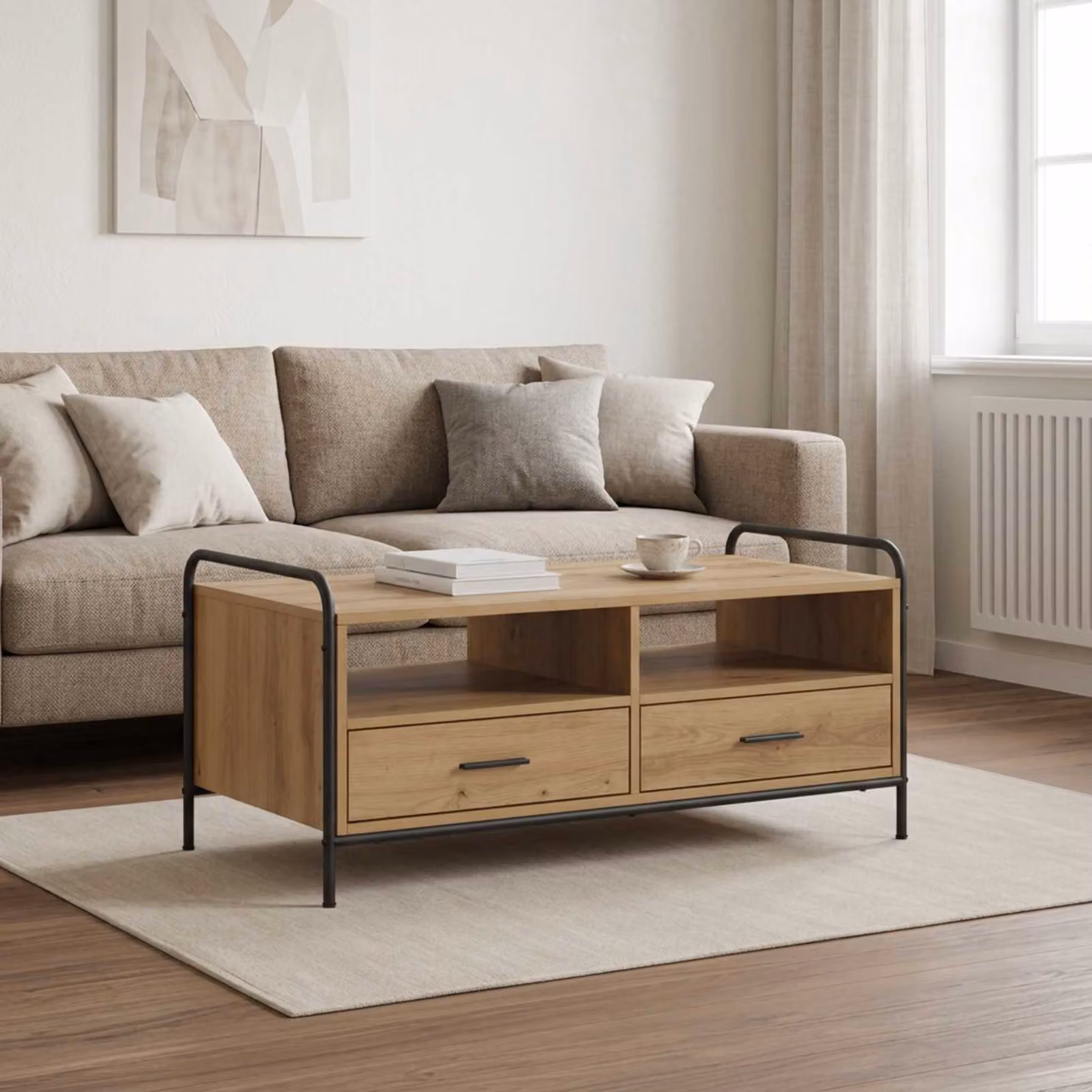 vidaXL Tavolino da salotto moderno in legno e metallo color rovere, L: 99,5 cm, P: 49 cm, H: 46 cm