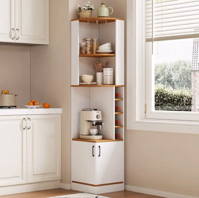 Mobile bar ad angolo bianco con portabicchieri, 40 × 40 × 182 cm