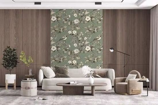 Cornice - Decorazione floreale con uccelli - Verde - Larghezza 225 cm x Altezza 350 cm