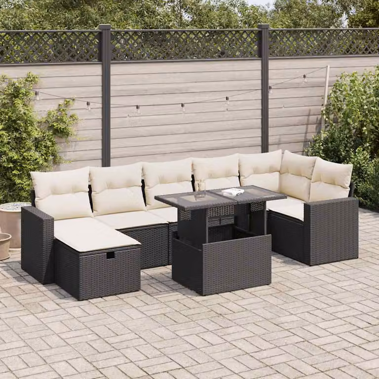 Set di divani da giardino vidaXL a forma di L in polyrattan nero con 8 pezzi e cuscini inclusi