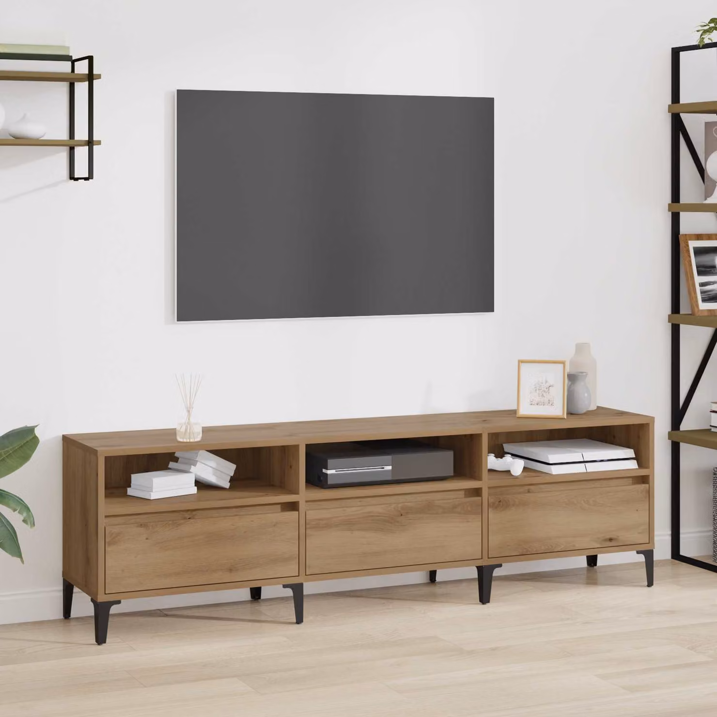 Supporto TV mobile vidaXL in legno e metallo color rovere artigianale, L/P/H: 150 x 30 x 45 cm