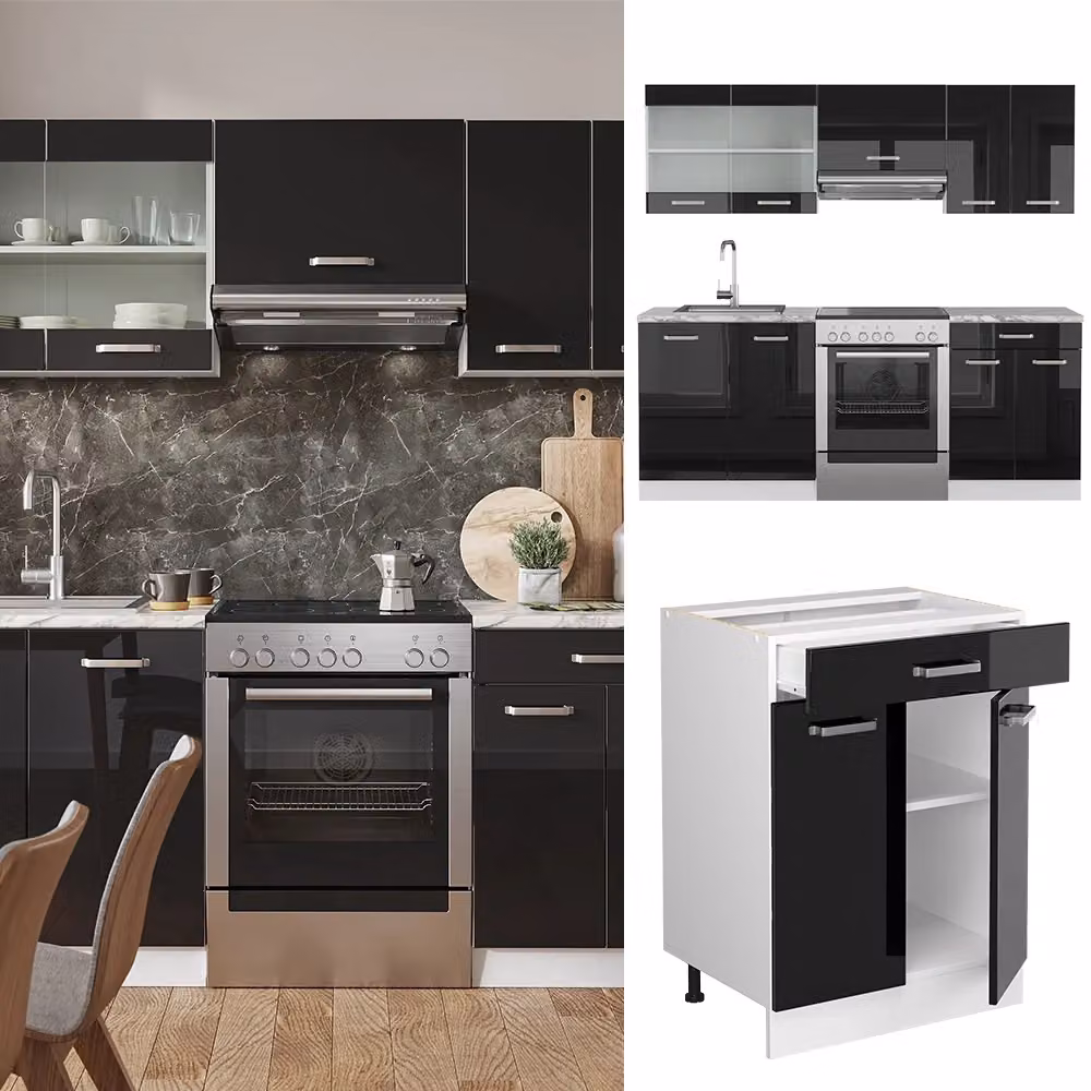 Cucina componibile moderna R-Line Vicco Nero lucido/Bianco/Grigio L: 200 cm – 2