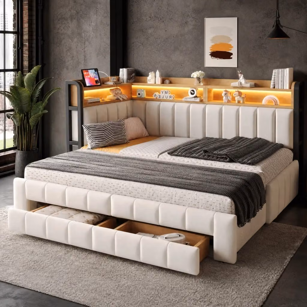 Divano letto Mivray moderno in velluto beige con tecnologia LED e porte USB e Type-C, trasformabile da 90 x 200 cm a 180 x 200 cm – 2