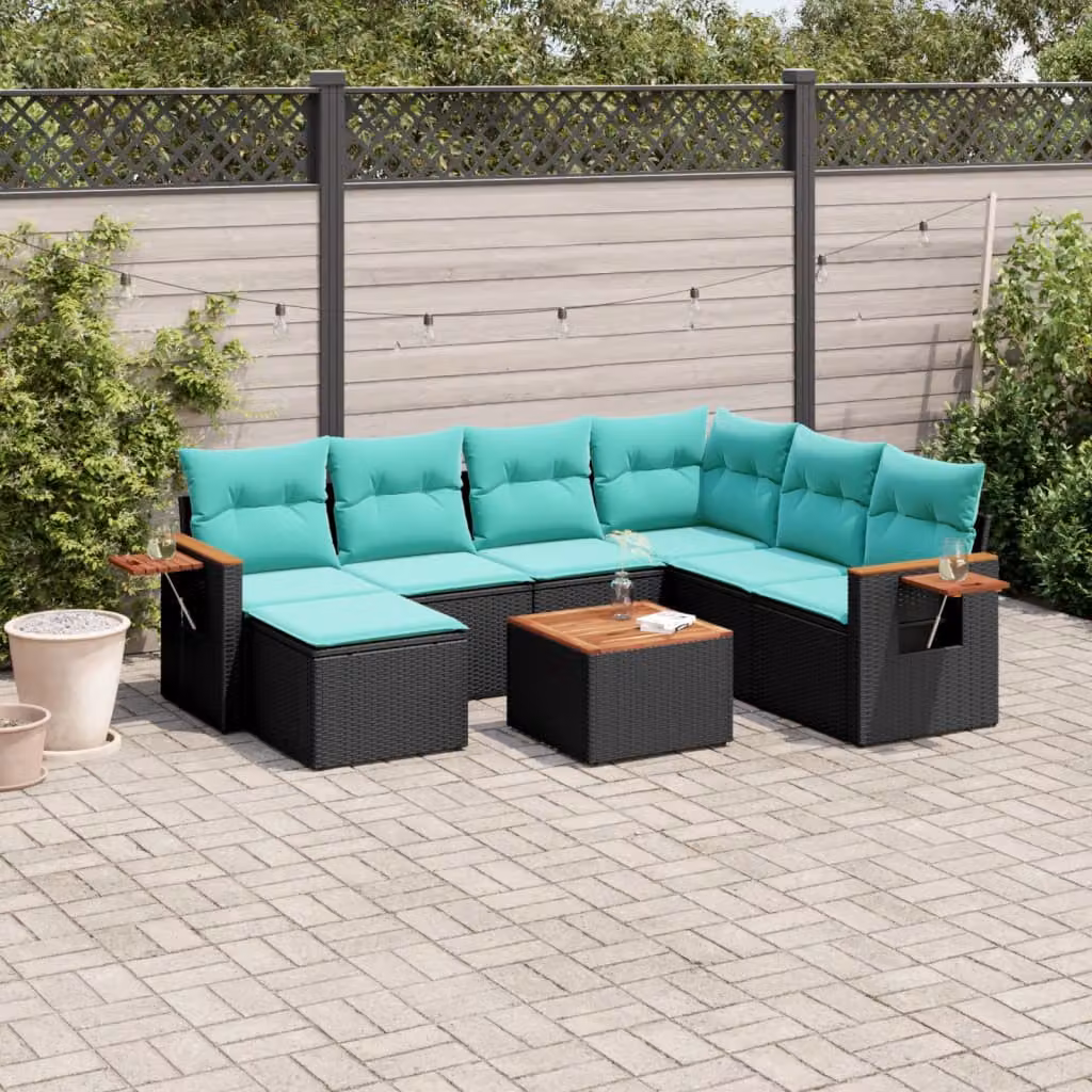 Set di divani da giardino vidaXL in polyrattan e legno di acacia oliato con cuscini, 8 pezzi, nero