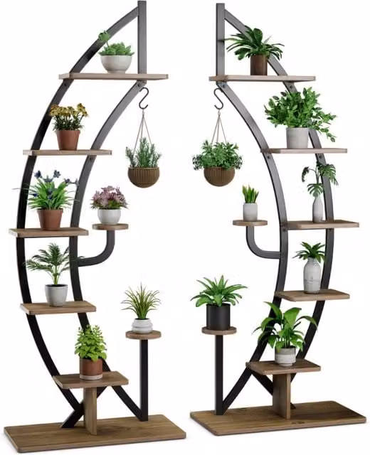 Set di 2 scaffali per piante a 7 livelli in metallo e legno nero con design a mezza luna e gancio superiore