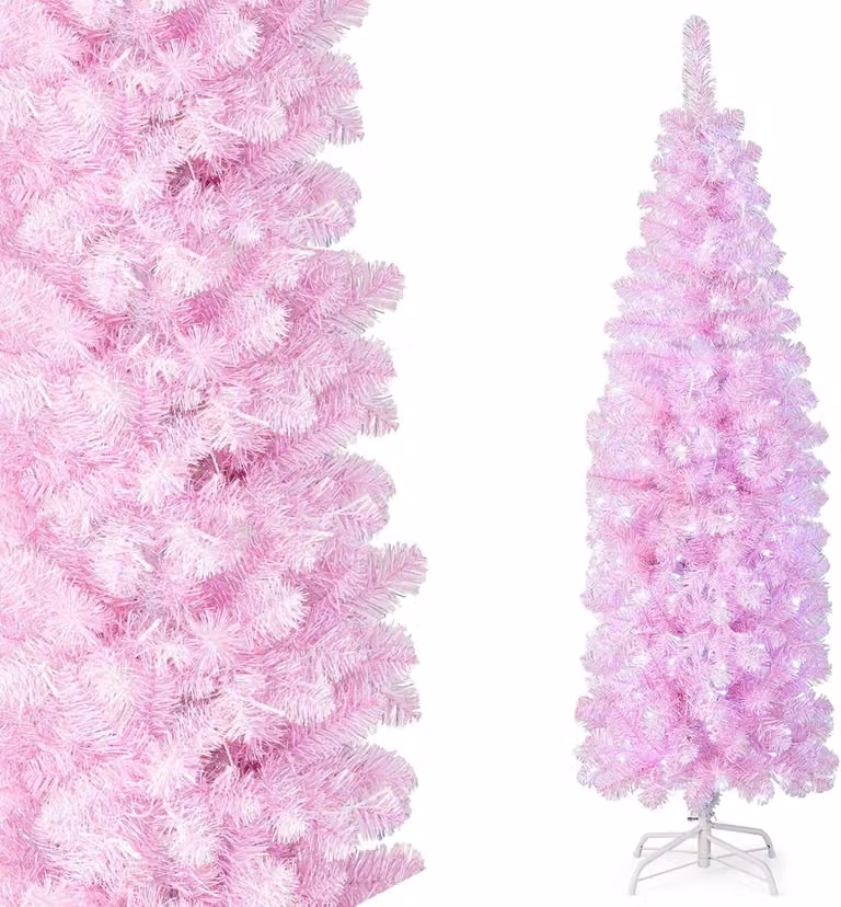 COSTWAY 180cm albero di Natale artificiale a matita, albero di Natale illuminato a LED con 250 LED bianchi freddi, albero di Natale sottile, albero artificiale con supporto in metallo, rosa