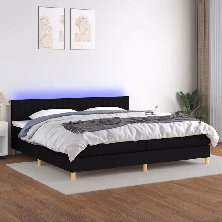 Letto a molle vidaXL con materasso, illuminazione LED sottostante e porta USB, rivestimento in tessuto nero, L 200 cm x P 200 cm x H 203 cm