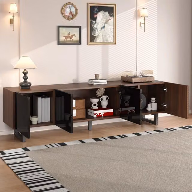 Mobile TV con ante lucide senza maniglie vani chiusi e ripiani aperti in MDF e PB nero e naturale 180 × 38 × 50 cm