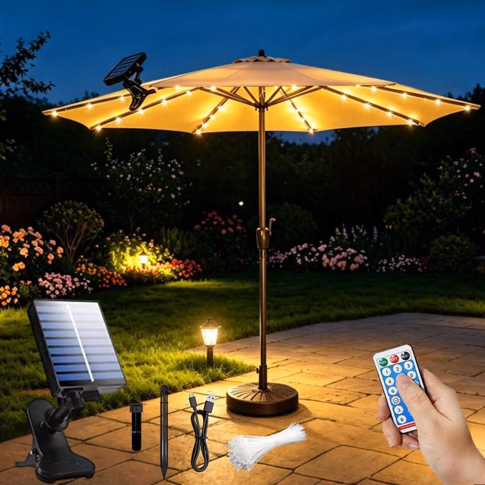 Catena luminosa solare a forma di ombrello, con 104 LED, 8 modalità di illuminazione e telecomando