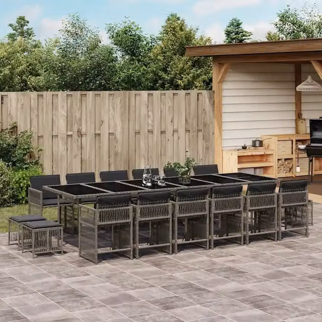 Set da pranzo da giardino vidaXL in polyrattan grigio con tavolo in vetro e 17 pezzi
