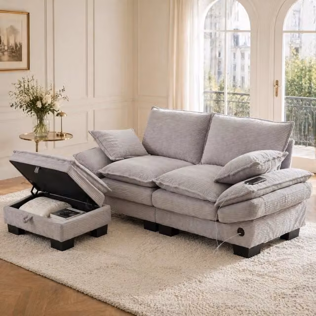 Divano 2 posti con pouf in corduroy 190 cm; con USB-C e tasche laterali; grigio chiaro
