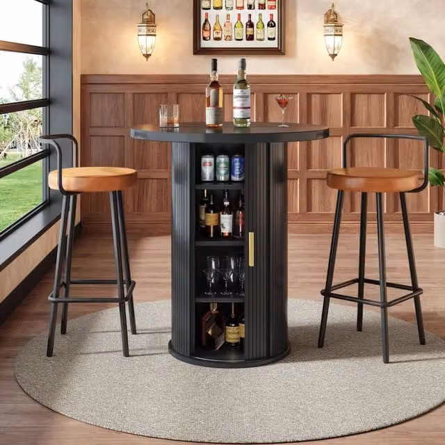 Desviae Mobile bar rotondo con armadio interno a 4 ripiani e piano in MDF e metallo nero per soggiorno 60 × 60 × 91,6 cm
