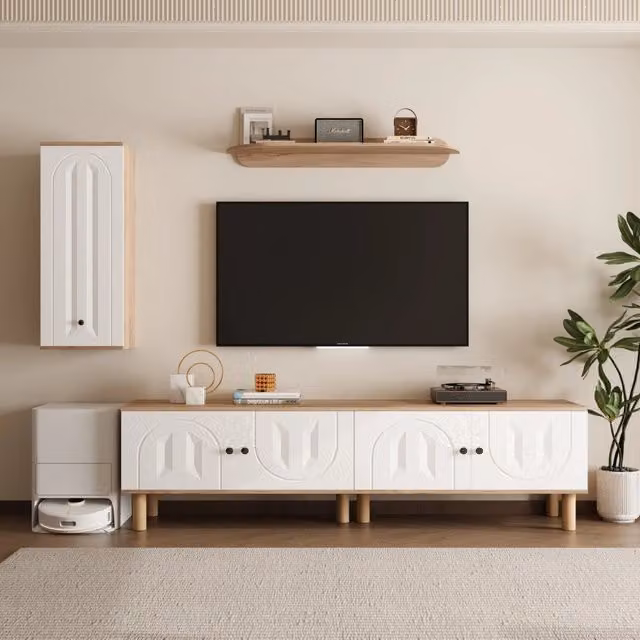 Parete Attrezzata 3 Pezzi con Highboard e Ante Intagliate ¨C MINIMAL ¨C Bianco e Legno