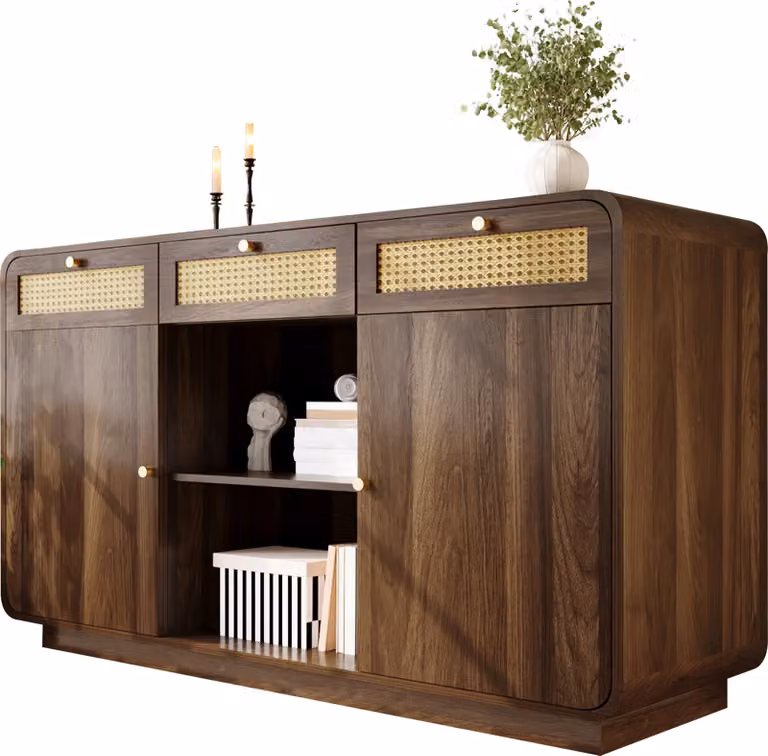 Credenza da 120 cm in noce, cassettiera con maniglie in rattan e oro, 3 cassetti + 2 ante + ripiano aperto, ripiani regolabili in altezza