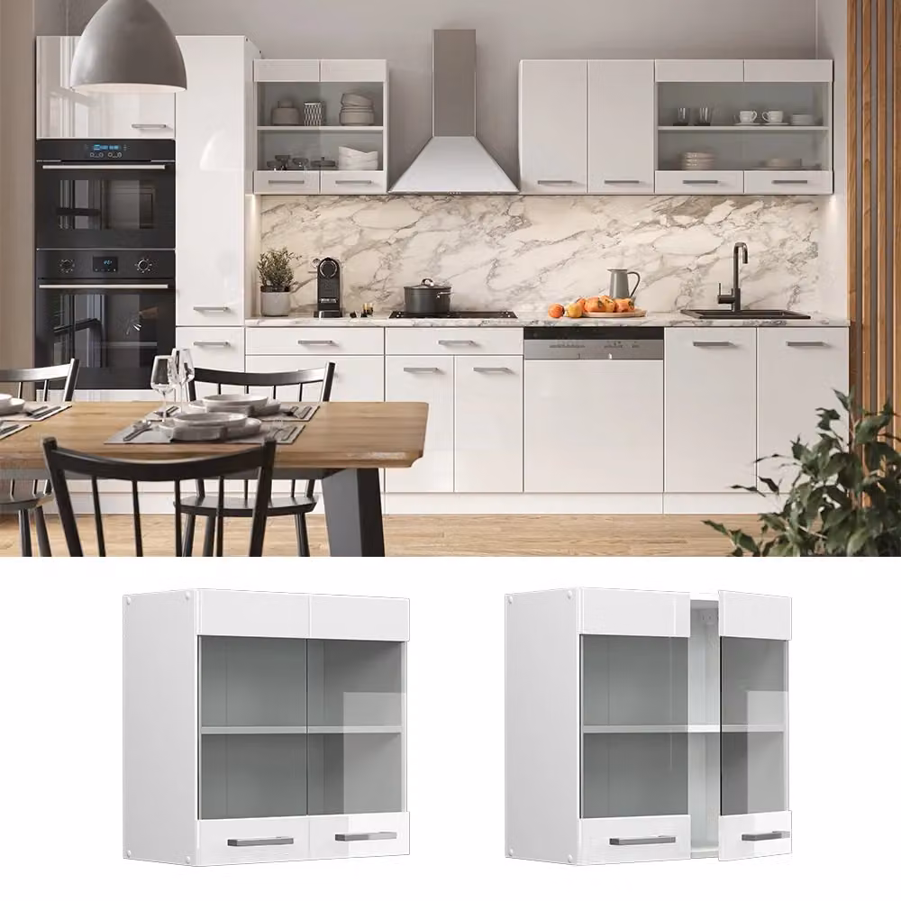 Pensile da cucina R-Line Vicco Bianco lucido con ante in vetro e ripiani interni L: 60 cm, H: 31 cm, P: 14,1 cm – 2