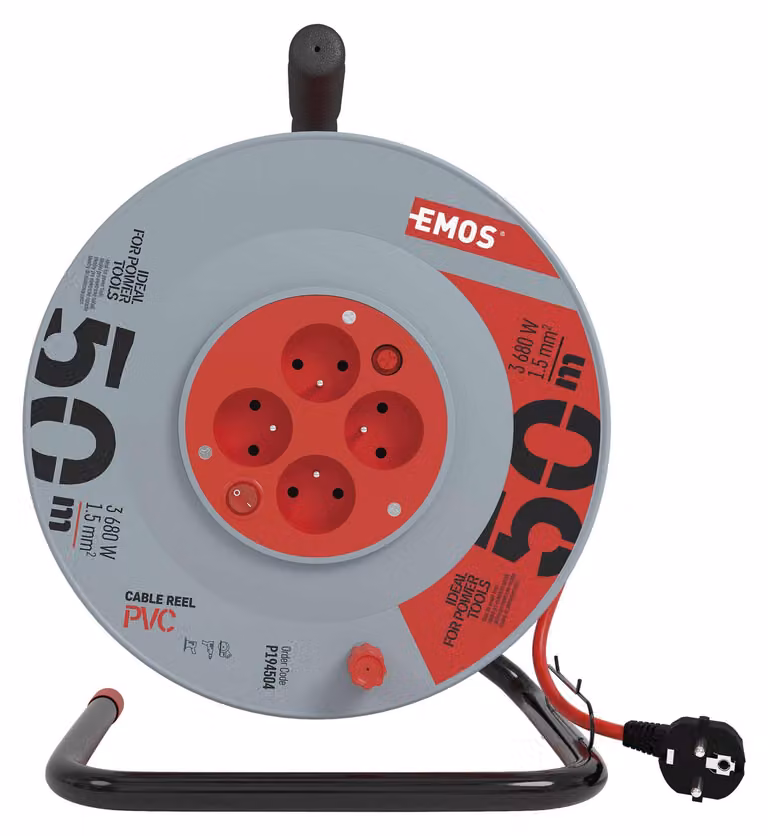 EMOS Cavo di prolunga rosso in bobina 50m, 4 prese, con interruttore, PVC, 230V, 1,5mm2 P194504