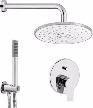 Set doccia Ecostyle tondo con braccio da 40 cm, soffione ABS da 22 cm, miscelatore incassato e kit doccia completo in colore argento/cromo