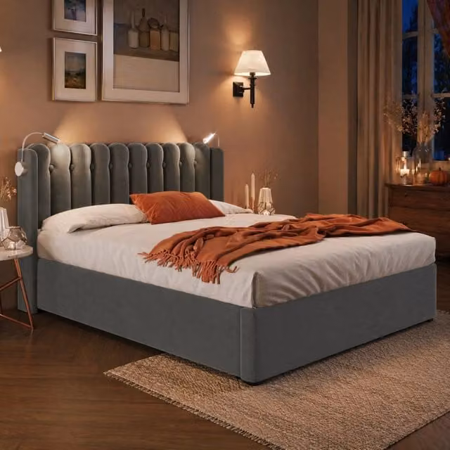 Letto contenitore imbottito ULEVR 140x200 cm con luce da lettura, 2 USB e rete a doghe, velluto grigio