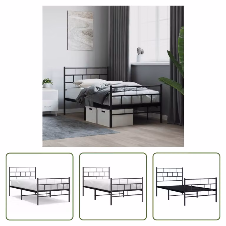 The Living Store Struttura letto con testiera e pediera in metallo nero 100x190 cm