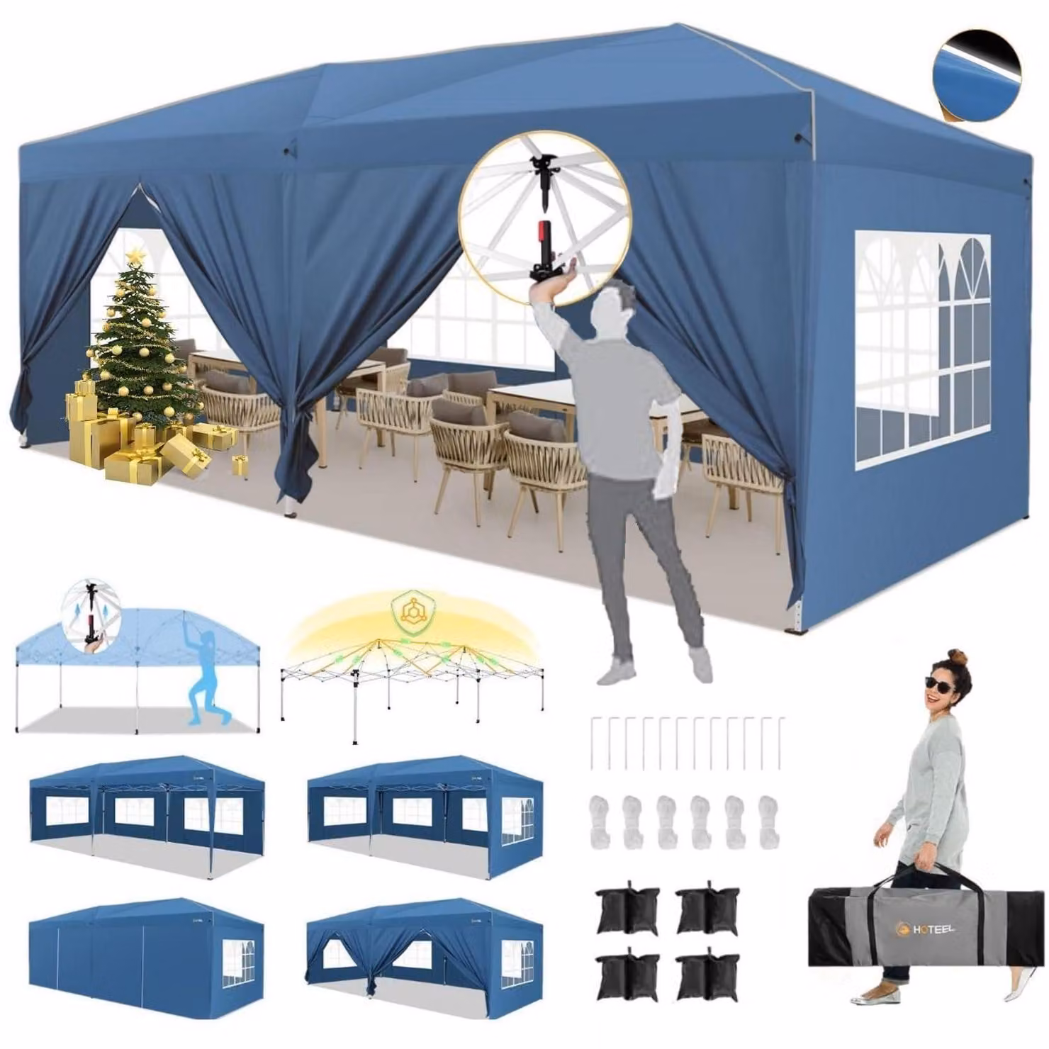 Tenda pop-up 3x6 metri, colore blu cielo, con 6 pareti laterali, impermeabile, robusta e facile da montare