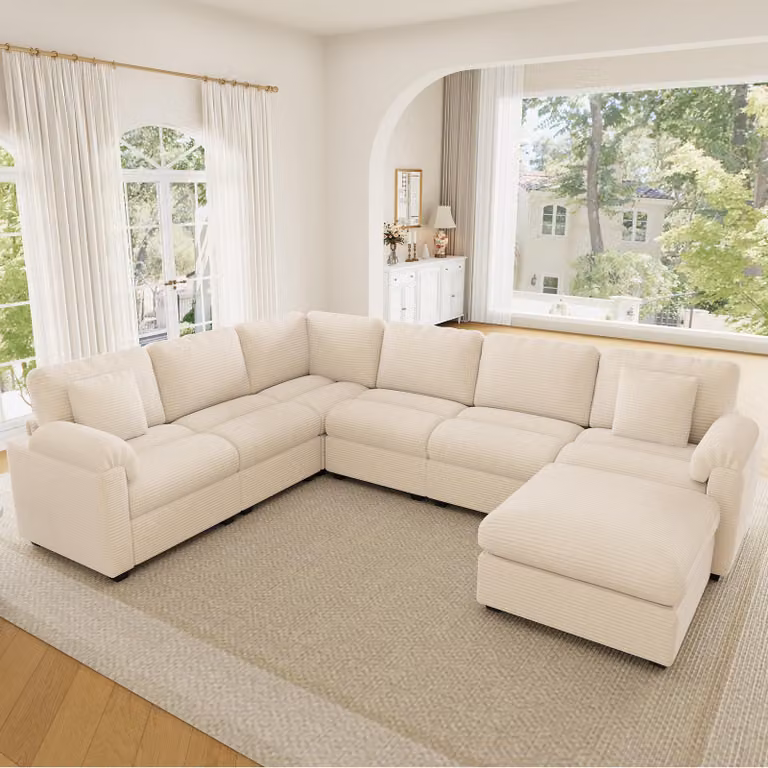 Divano modulare a U Merax XXL, divano ad angolo a L con pouf, salotto a 7 posti, divano in velluto a coste con cuscini, grande divano per famiglie, divano, beige