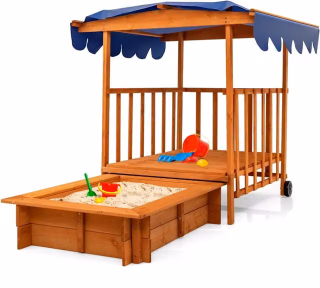 Sabbiera per bambini con tettoia e ruote posteriori, Sabbiera con parapetti di sicurezza per cortile e spiaggia