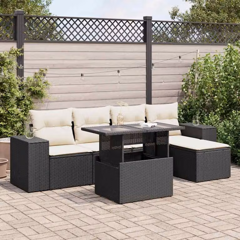 Set Divano da Giardino vidaXL 6 pz in Polyrattan Nero con Cuscini e Tavolino da Esterno a Forma di L