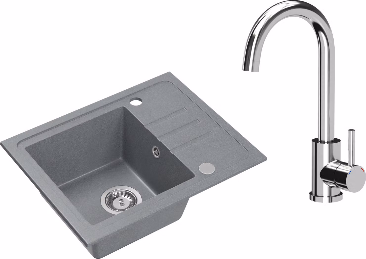 VBChome Lavello in granito grigio con rubinetteria 55 x 44 cm Lavello da incasso a vasca singola Maculato Reversibile Lavello in granito Sifone Lavandino Rubinetteria cromata