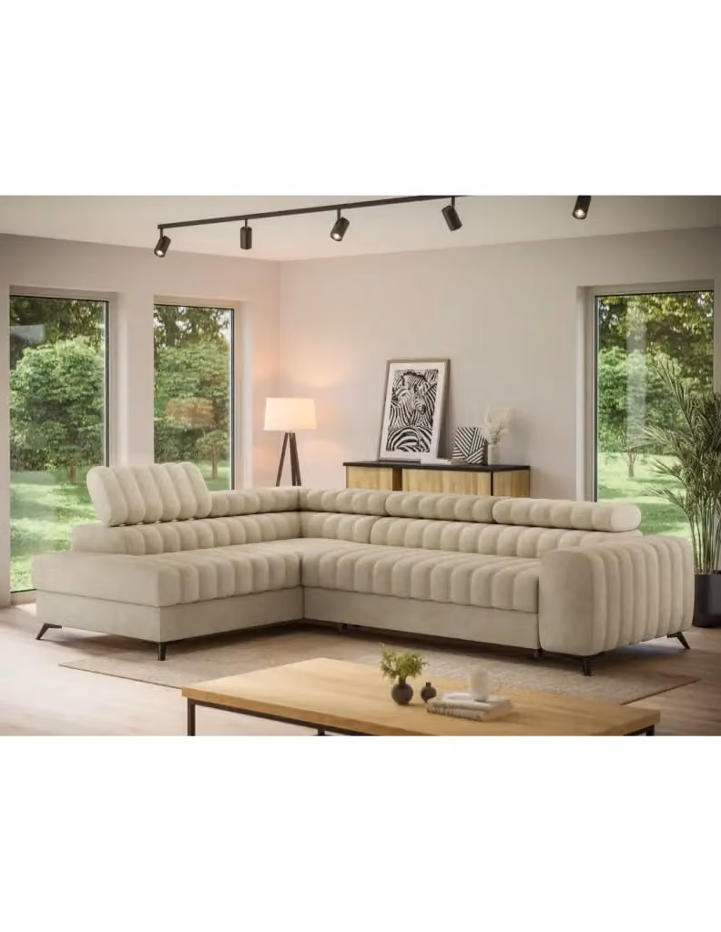 Divano ad angolo moderno MEUBLORAMA collezione KANEDOJO colore beige con funzione letto e poggiatesta regolabile – 2