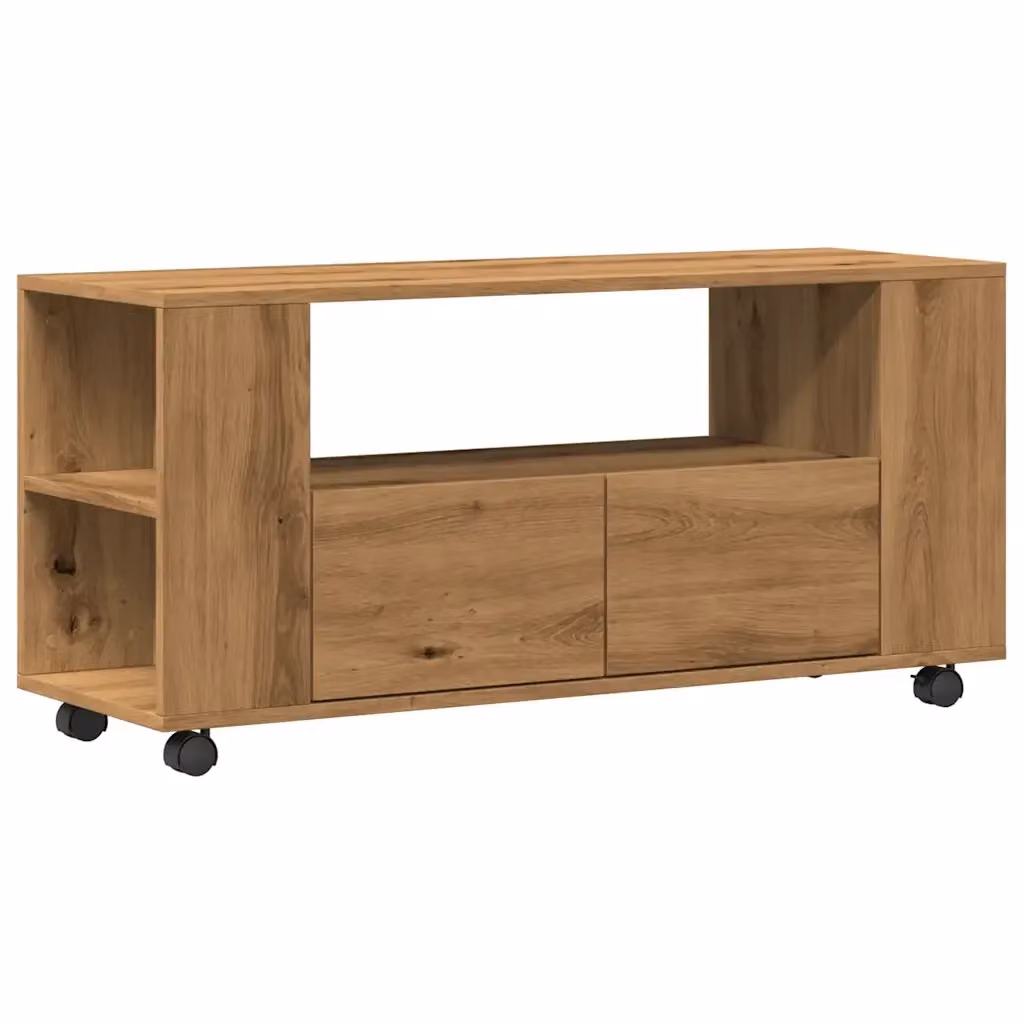 Mobile porta TV moderno HELLOSHOP26 con ruote e vano contenitore in legno di rovere color marrone L: 102 cm, P: 34,5 cm, H: 43 cm – 2