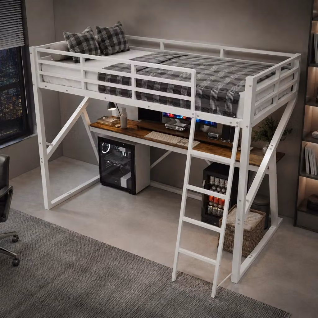 Letto a soppalco Mivray bianco con scrivania, scala con LED multicolore e struttura in metallo e MDF, dimensioni 90 x 200 cm – 2