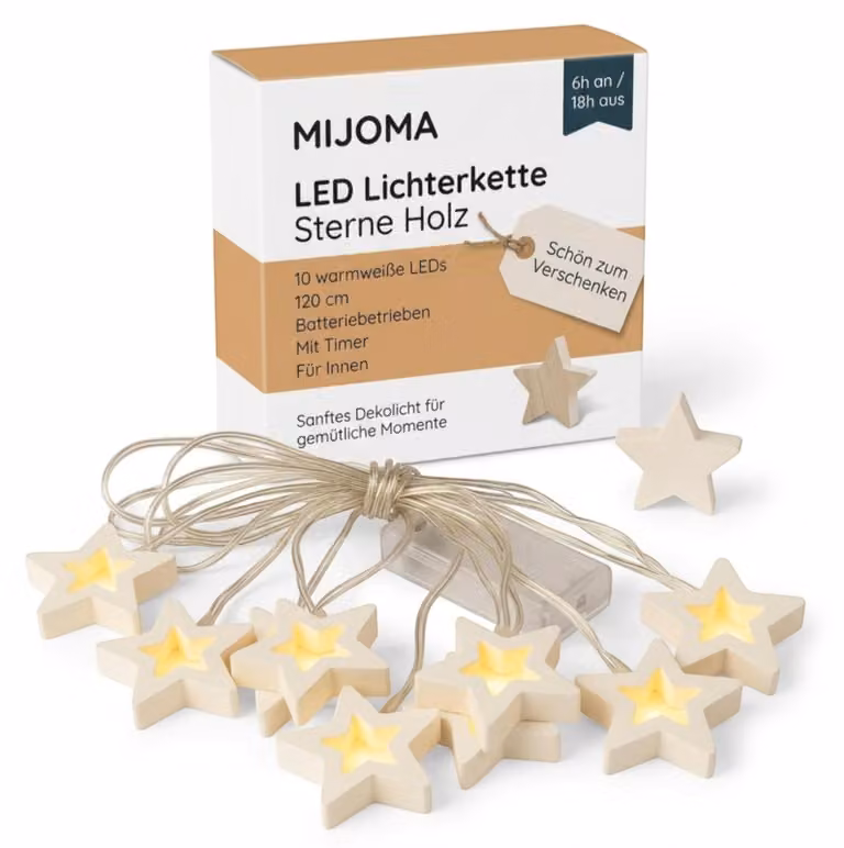 Catena luminosa con stelle in legno, 10 LED a luce calda, timer, 120 cm